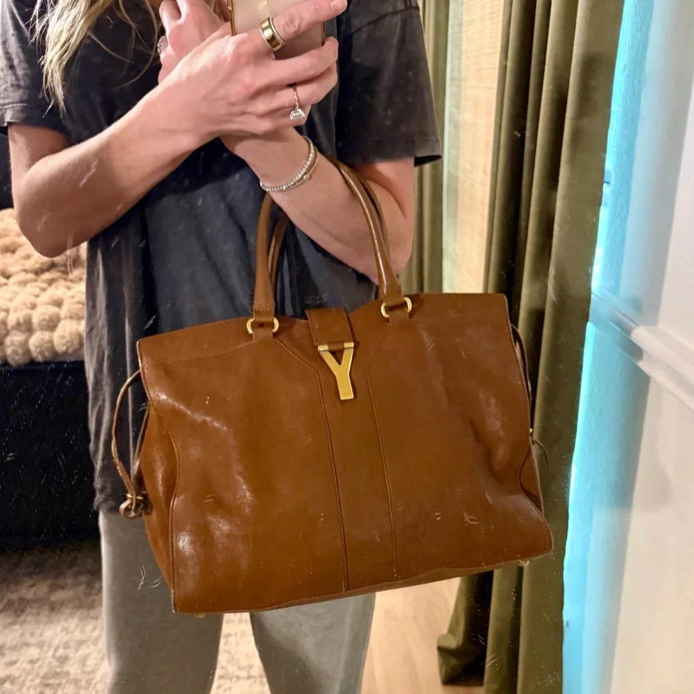 Yves‎ Saint Laurent Cognac Leather Y-Logo Satchel